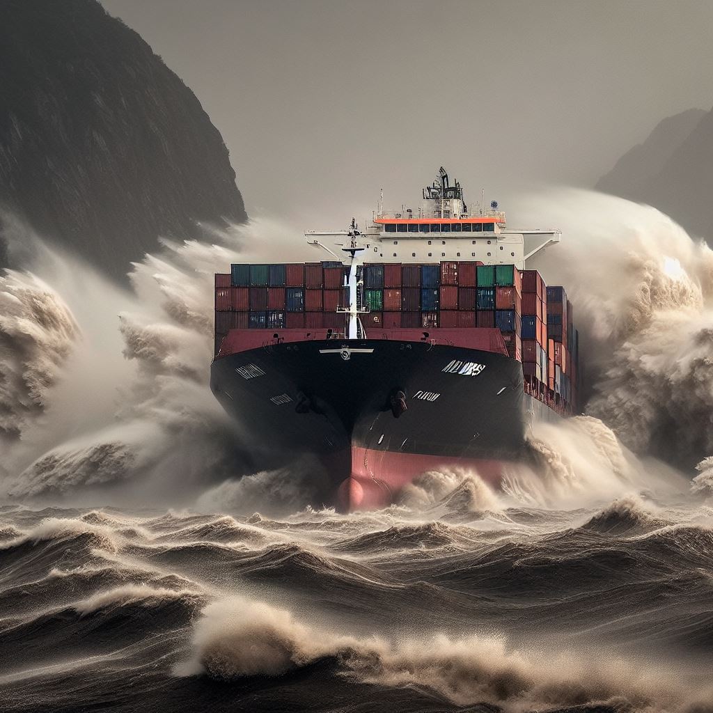 container ship fights raging storm